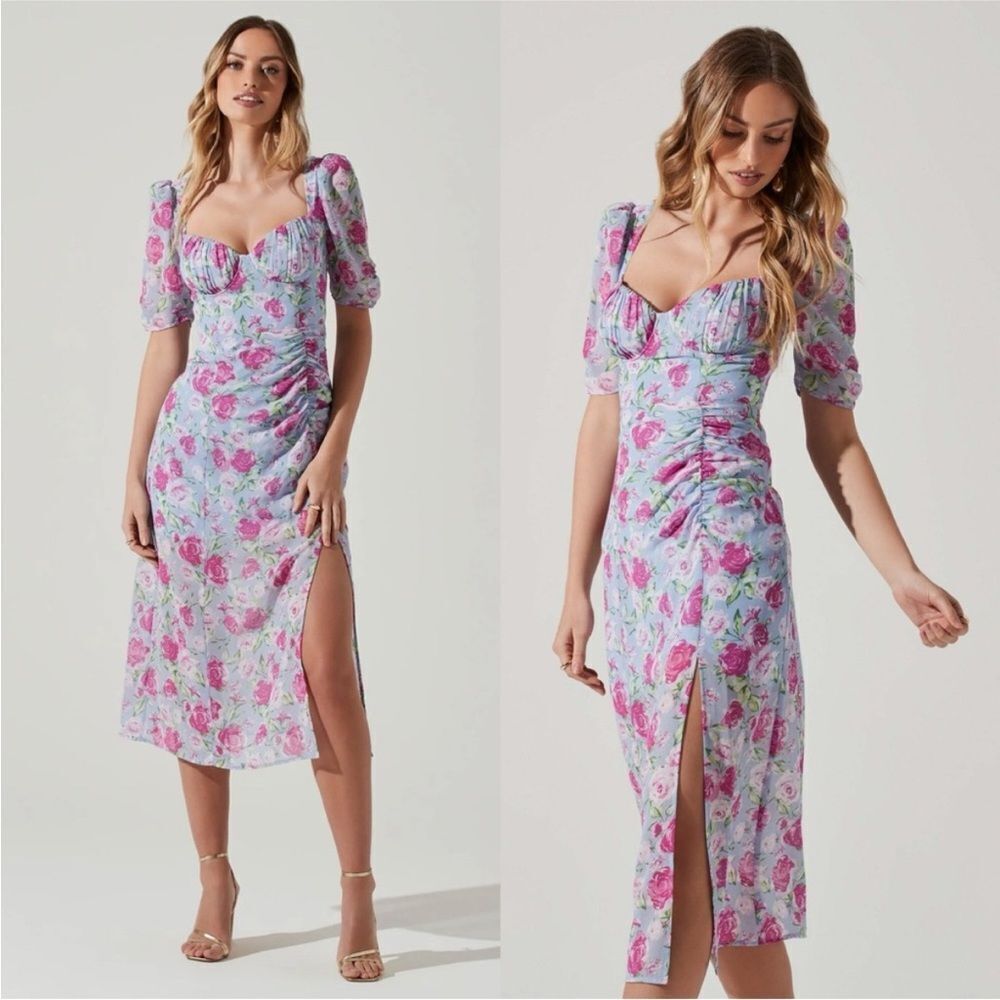New ASTR The Label Revolve Floral Front Slit Milkmaid Midi Dress